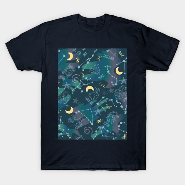 Astrology Zodiac Signs Night Sky Seamless Pattern T-Shirt by Arch4Design